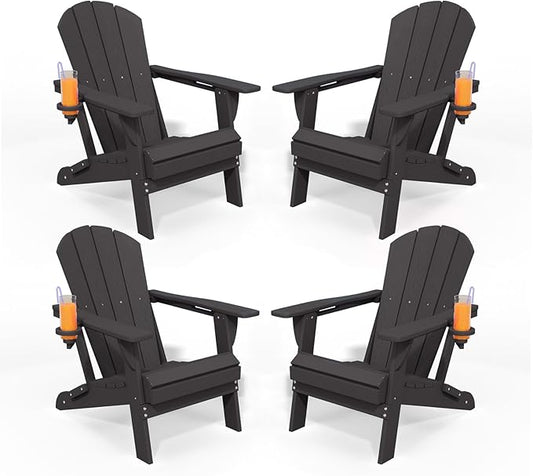 Folding Adirondack Chairs with Cup Holders, Set of 4 HDPE Plastic Outdoor Chairs, Weather Resistant, Real Wood Look, Heavy-Duty Patio Furniture for Deck, Fire Pit, Backyard, Black
