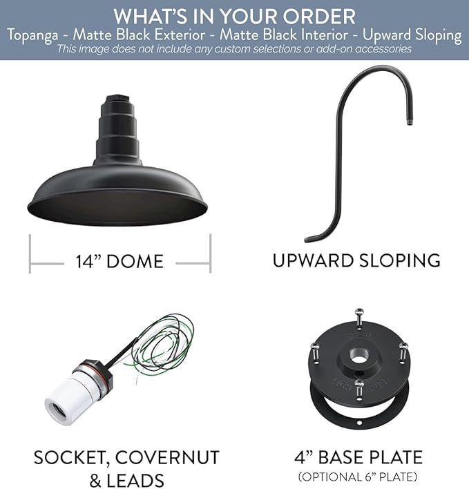 Steel Lighting Co. Topanga Barn Light | Outdoor Wall Mounted | Farmhouse Garage Light Made in America | 14 inch Dome | Upslope Gooseneck | Matte Black Exterior/Matte Black Interior
