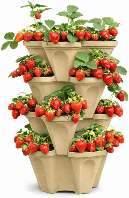 Vertical Garden Planter Stackable Tiered System 4 Plants per Pot, Space Saving Herb, Strawberry & Food Crop Planter with Center Support Hole for Indoor Outdoor Gardening (36, Desert Sand, Small)