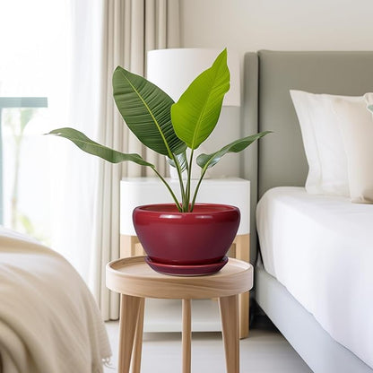 Ceramic Plant Pot 9 Inch - Planter Pot with Drainage Hole and Saucer, Round Large Planter for Indoor Plants, Outdoor Flower Pot for House Patio Decor, Red