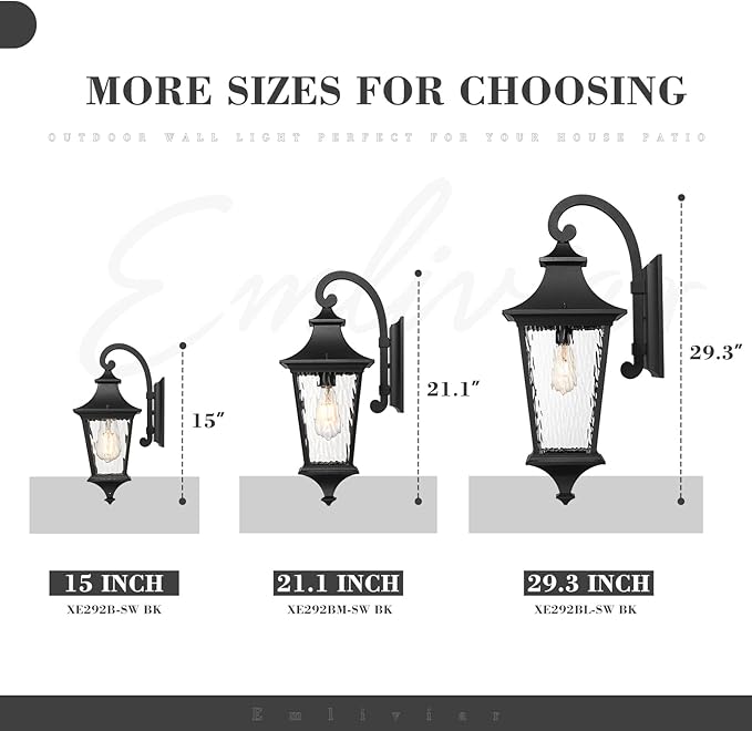 Emliviar Modern Outdoor Porch Light, 21.1 Inch Black Finish Classic Outside Wall Light with Water Ripple Glass, Outdoor Wall Mount Lighting for Entryway and Garage, XE292BM-SW BK