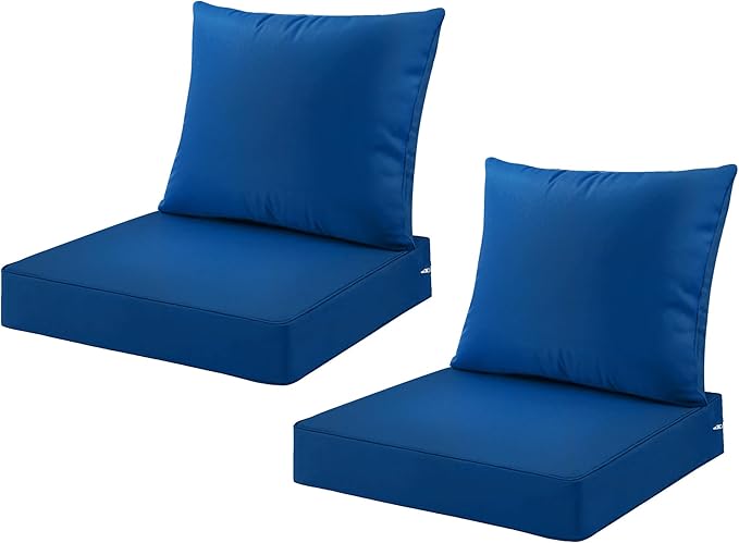 ARTPLAN Outdoor Deep Seat Cushion Set for Wicker Chair,Set of 2,Seat:24"x 24" x 4",Back:22" W x 24",100% Foam,Water Repellant, Fade Resistant,Cushion Replacements for Patio Furniture,Classic Blue