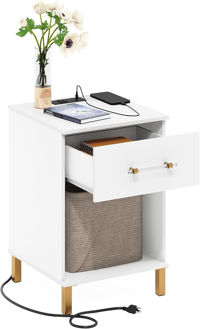 Furinno TIDUR Side Table, Modern Drawer End Table with Charging Station, Night Stand, Bedside Table with USB and Type-C Port, for Living Room, Bedroom, White