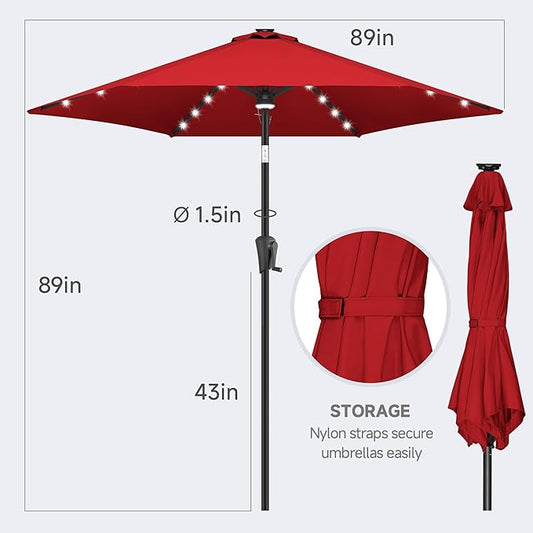 FLAME&SHADE 7.5 ft Solar Powered Outdoor Market Patio Table Umbrella with LED Lights and Tilt, Red