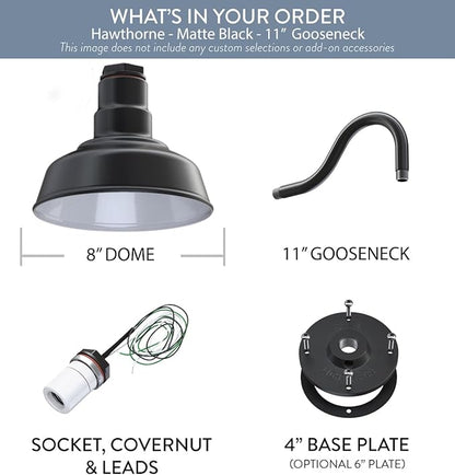 Steel Lighting Co. Hawthorne Barn Light | Outdoor Wall Mounted | 8 inch Dome | 11 inch Gooseneck| Small Farmhouse Light Made in America | Matte Black Exterior/White Interior