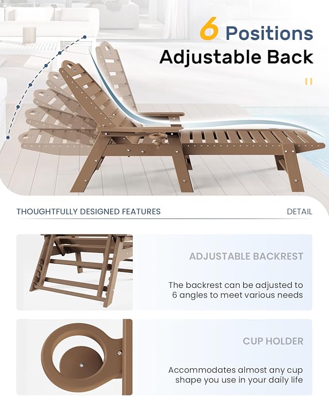 Chaise Lounge for Outdoor, Patio Lounge Chairs for Outside, Chaise Lounge Chair with 6 Positions, HDPE Lounge Chair with Cup Holder for Pool Poolside Deck Backyard Lawn, Teak