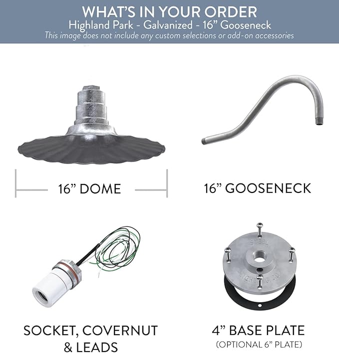 Steel Lighting Co. Highland Park Barn Light | Outdoor Wall Mounted | 16 inch Radial Wave | 16 inch Gooseneck | Vintage Style Made in America | Galvanized Exterior/Galvanized Interior
