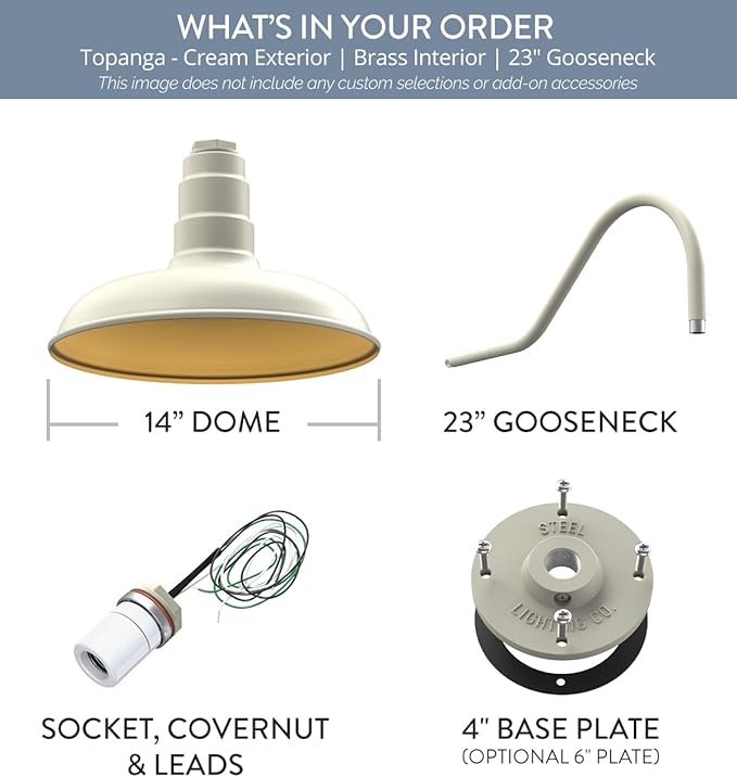 Steel Lighting Co. Topanga Barn Light | Outdoor Wall Mounted | 14 inch Dome | 23" Gooseneck | Farmhouse Garage Light Made in America | Cream Exterior/Brass Interior