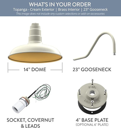 Steel Lighting Co. Topanga Barn Light | Outdoor Wall Mounted | 14 inch Dome | 23" Gooseneck | Farmhouse Garage Light Made in America | Cream Exterior/Brass Interior