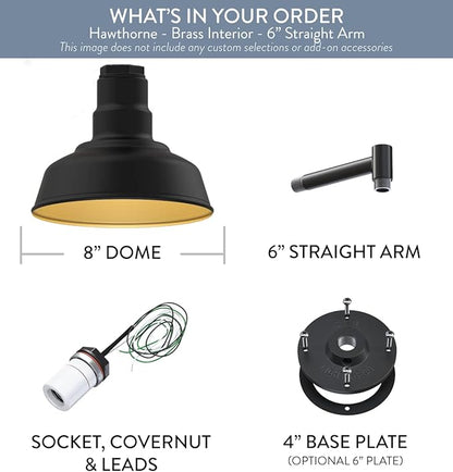 Steel Lighting Co. | Dusk to Dawn | Hawthorne Barn Light | Outdoor Wall Mounted | 8 in Dome | 6 in Straight Arm| Small Farmhouse Light Made in America | Matte Black Exterior/Brass Interior