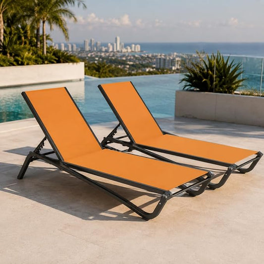 Set of 2 Patio Chaise Lounge Chairs, All-Weather Aluminum Pool Loungers for Outside, 5-Position Adjustable Sunbathing Chair for Deck, Backyard & Poolside, Rust-Proof, Solar Orange