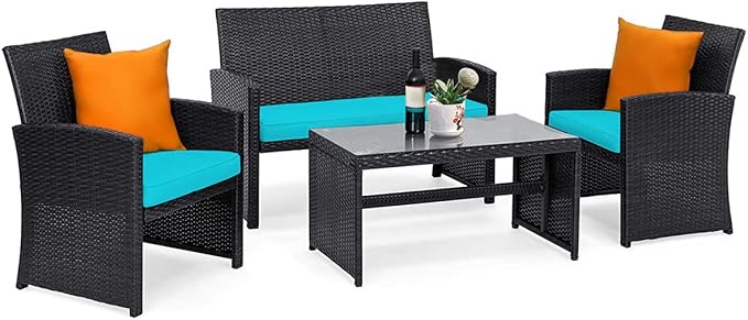 COSTWAY 4 Pieces Patio Rattan Furniture Set, Outdoor Wicker Conversation Set with Soft Cushions & Tempered Glass Coffee Table, Cushioned Chair Sofa for Backyard, Porch, Lawn, Garden, Turquoise