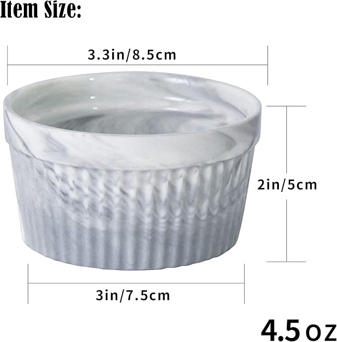 Yundu 4.5 Ounce Grey Marble Ceramic Ramekins - Perfect for Creme Brulee, Oven Safe, Baking & Souffle - Set of 6