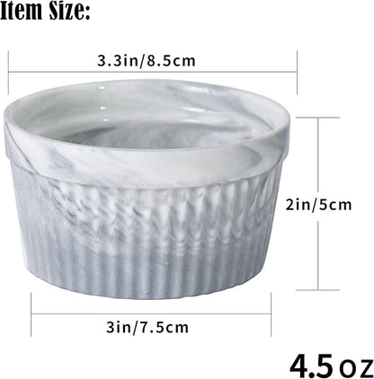 Yundu 4.5 Ounce Grey Marble Ceramic Ramekins - Perfect for Creme Brulee, Oven Safe, Baking & Souffle - Set of 6