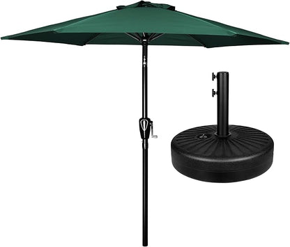 Simple Deluxe 7.5' Patio Umbrella with 20 Inch 50lbs Capacity Fillable Round Base, 6 Sturdy Ribs with Push Button Tilt/Crank for Garden, Deck, Backyard, Pool, Green and Black