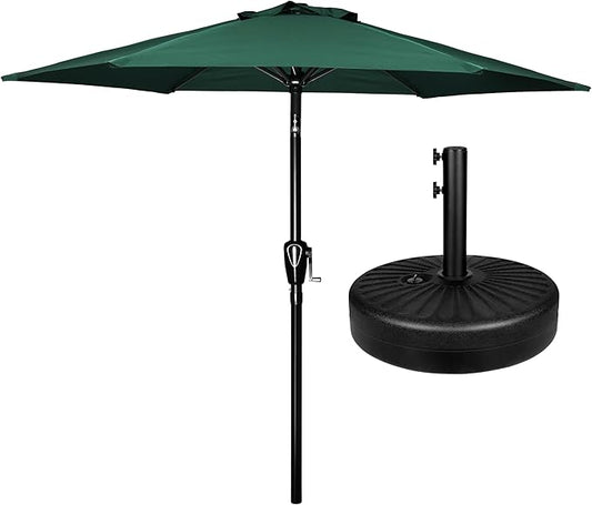 Simple Deluxe 7.5' Patio Umbrella with 20 Inch 50lbs Capacity Fillable Round Base, 6 Sturdy Ribs with Push Button Tilt/Crank for Garden, Deck, Backyard, Pool, Green and Black