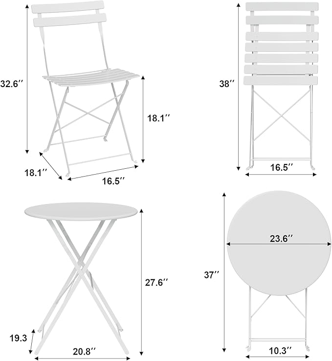 GarveeLife 3-Piece Folding Bistro Set, Foldable Patio Furniture Set with Premium Frame, Outdoor Bistro Table and Chairs Set of 2 for Patio, Garden and Balcony, White