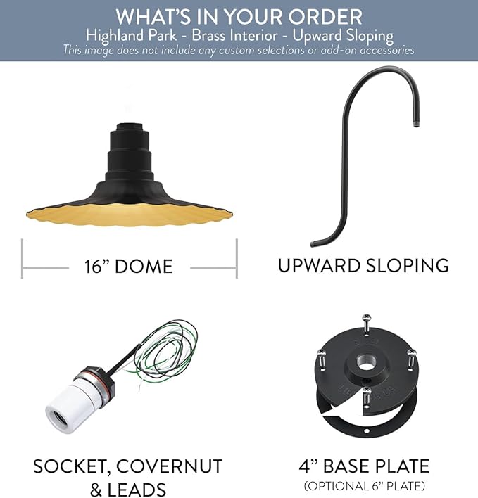 Steel Lighting Co. Highland Park Barn Light | Outdoor Wall Mounted | 16 inch Radial Wave | Upslope Gooseneck | Vintage Style Made in America | Matte Black Exterior/Brass Interior