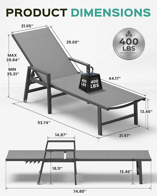 Vexwalx Patio Chaise Lounge Chair Outdoor with Wheels&Armrests, Aluminum Pool Lounge Chairs 5-Position Adjustable Recliner, Outdoor Beach Lounge Chairs for Outside, Patio, Deck, Yard, Dark Gray
