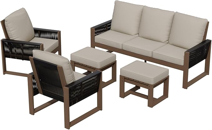Rustic Hideaway Natural Cedar Wood Outdoor Furniture Set, Wicker Patio Conversation Set for Porch Garden Backyard, Couch, 2 Patio Chairs and 2 Ottomans, 5 Piece, Brownish/Beige