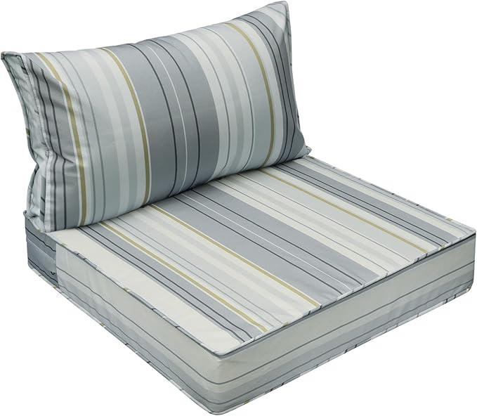 AAAAAcessories Outdoor Seat Cushions for Chairs, Fade-Resistant, Waterproof Patio Furniture Replacement Cushions, 25.5" x 25.5" x 5" + 25.5" x 13.5", Ash Blue Harbor Stripe