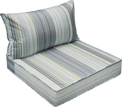 AAAAAcessories Outdoor Seat Cushions for Chairs, Fade-Resistant, Waterproof Patio Furniture Replacement Cushions, 25.5" x 25.5" x 5" + 25.5" x 13.5", Ash Blue Harbor Stripe