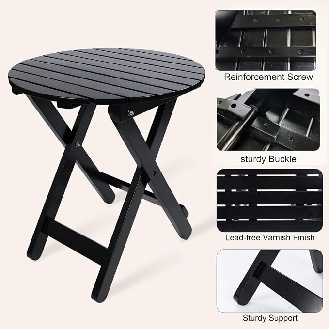Outdoor Wooden Side Table, Folding Patio End Table, Small Round Furniture Table for Adirondack Chair, Balcony, Porch, Acacia Wood, No Assembly, Black