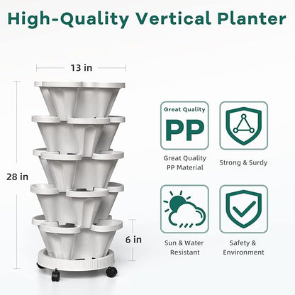 Strawberry Vertical Planter, Stacking Garden Tower, 5 Tiered Stackable Herb Vegetable Planters with Movable Casters and Bottom Saucer Indoor and Outdoor - Black