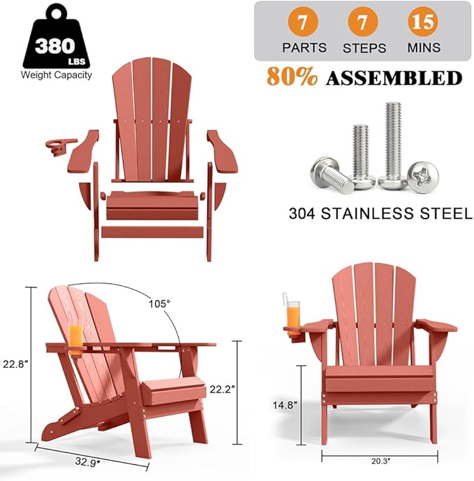Folding Adirondack Chair with Cup Holders Set of 2, HDPE Plastic Outdoor Chairs, Weather Resistant, Real Wood Look for Patio, Deck, Fire Pit, Backyard, Coral