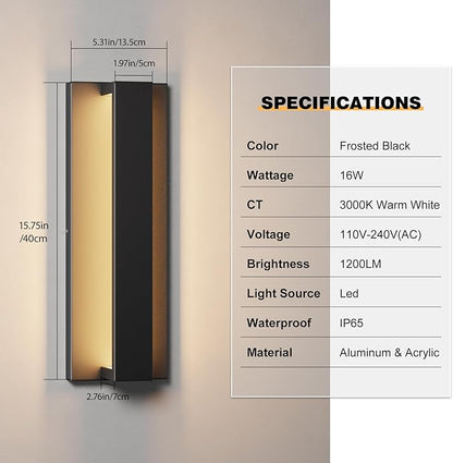 15.7 Inches Outdoor Modern Led Wall Light,16W 3000K Porch & Patio Light,IP65 Waterproof Aluminum Hardwired Sconces for House Exterior Garage Yard Corridor Garden(Black,1 Pack)