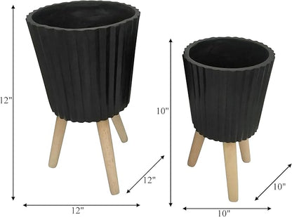 Sagebrook Home Set of 2 Planters with Stands - Modern Resin & Magnesia Pots with Wood Legs - Decorative Indoor & Outdoor Plant Containers for Home & Garden - 12" & 10", Black