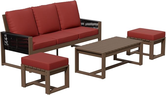 Rustic Hideaway Natural Cedar Wood Outdoor Furniture Set, Wicker Patio Conversation Set for Porch Garden Backyard, Couch, Coffee Table and 2 Ottomans, 4 Piece, Brownish/Red