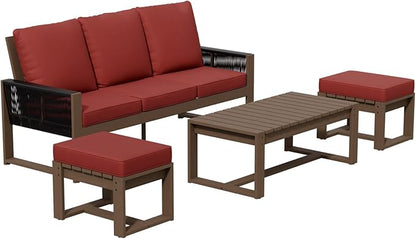 Rustic Hideaway Natural Cedar Wood Outdoor Furniture Set, Wicker Patio Conversation Set for Porch Garden Backyard, Couch, Coffee Table and 2 Ottomans, 4 Piece, Brownish/Red