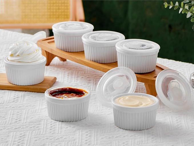 ONEMORE 8 oz Ramekins with Lids, Set of 6 Stackable Ceramic Creme Brulee Souffle Dishes, Oven Safe Pudding Cups with Silicone Covers for Baking, White