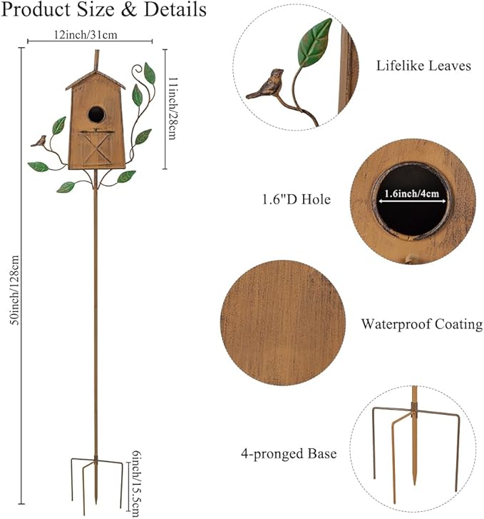 50" Bird Houses for Outside with Pole, Outdoor Metal Birdhouse for Patio, Yard, Garden, Brown