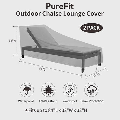 PureFit Outdoor Chaise Lounge Cover, Lounge Chair Covers Waterproof Patio Furniture Lounge Chair Cover, UV Resistant & Weatherproof, 2 Pack, 84" L x 32" W x 32" H Inches, Gray