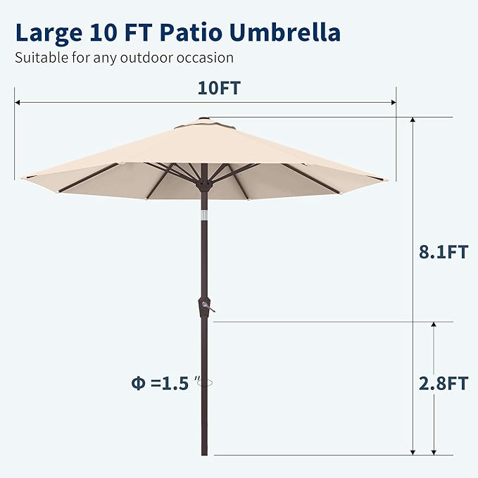 PatioKingdom 10FT Patio Umbrella with Push Button Tilt and Crank, Outdoor Market Umbrella with 8 Fiberglass Ribs, UV Protection Table Umbrella for Pool,Backyard,Garden,Deck(Beige, 10FT)