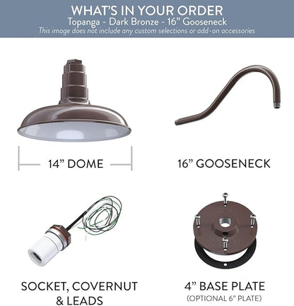 Steel Lighting Co. Topanga Barn Light | Outdoor Wall Mounted | Farmhouse Garage Light Made in America | 14 inch Dome | 16 inch Gooseneck | Dark Bronze Exterior/White Interior