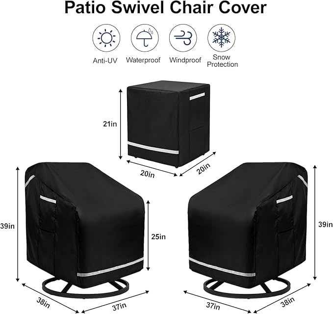 3 Pack Patio Chair Covers, Outdoor Chair Covers with Straps, Heavy Duty Waterproof Patio Furniture Covers, UV Resistant, Lawn Chair Covers with Reflective Strips, 37" W X 38" D X 39" H