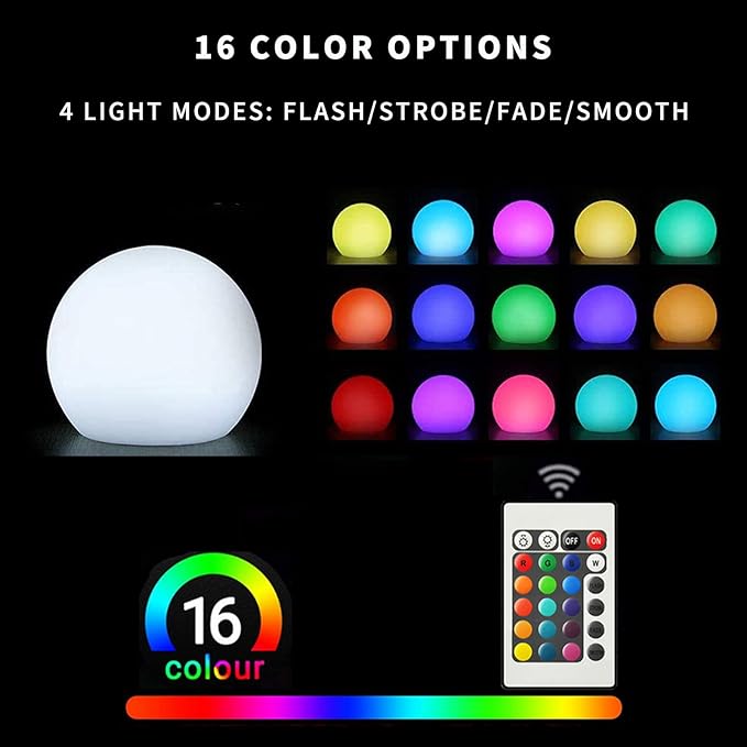 Censinda LED Glowing Ball Light, 10-Inch Cordless 16 Color Changing and 4 Light Modes Kids Night Light, Rechargeable and Dimmable Mood Lamp with Remote Control, Perfect for Home Yard Accent Decor