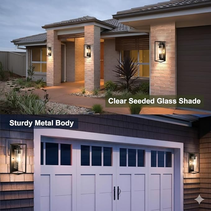 Craly 14" Outdoor Wall Sconce, Exterior Waterproof Wall Light Lantern with Hand-Crafted Clear Seeded Glass Shade, Matte Black, Outside Porch Lights Fixtures for Patio Front Door Entryway 2 Pack
