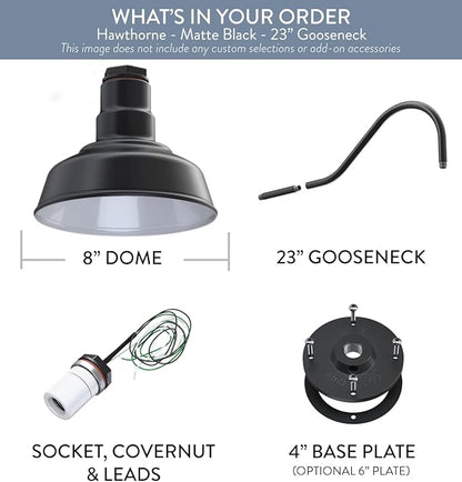 Steel Lighting Co. | Dusk to Dawn | Hawthorne Barn Light | Outdoor Wall Mounted | 8 in Dome | 23 inch Gooseneck| Small Farmhouse Light Made in America | Matte Black Exterior/White Interior