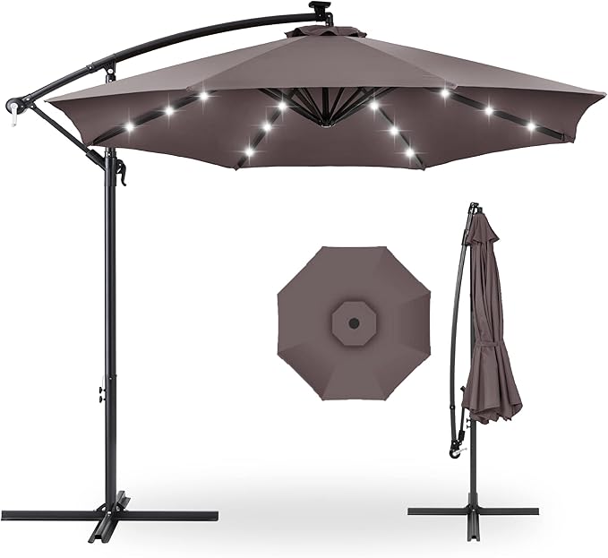 Best Choice Products 10ft Solar LED Offset Hanging Market Patio Umbrella for Backyard, Poolside, Lawn and Garden w/Easy Tilt Adjustment, Polyester Shade, 8 Ribs - Deep Taupe