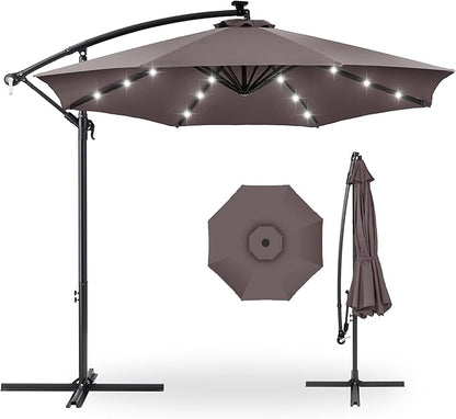 Best Choice Products 10ft Solar LED Offset Hanging Market Patio Umbrella for Backyard, Poolside, Lawn and Garden w/Easy Tilt Adjustment, Polyester Shade, 8 Ribs - Deep Taupe