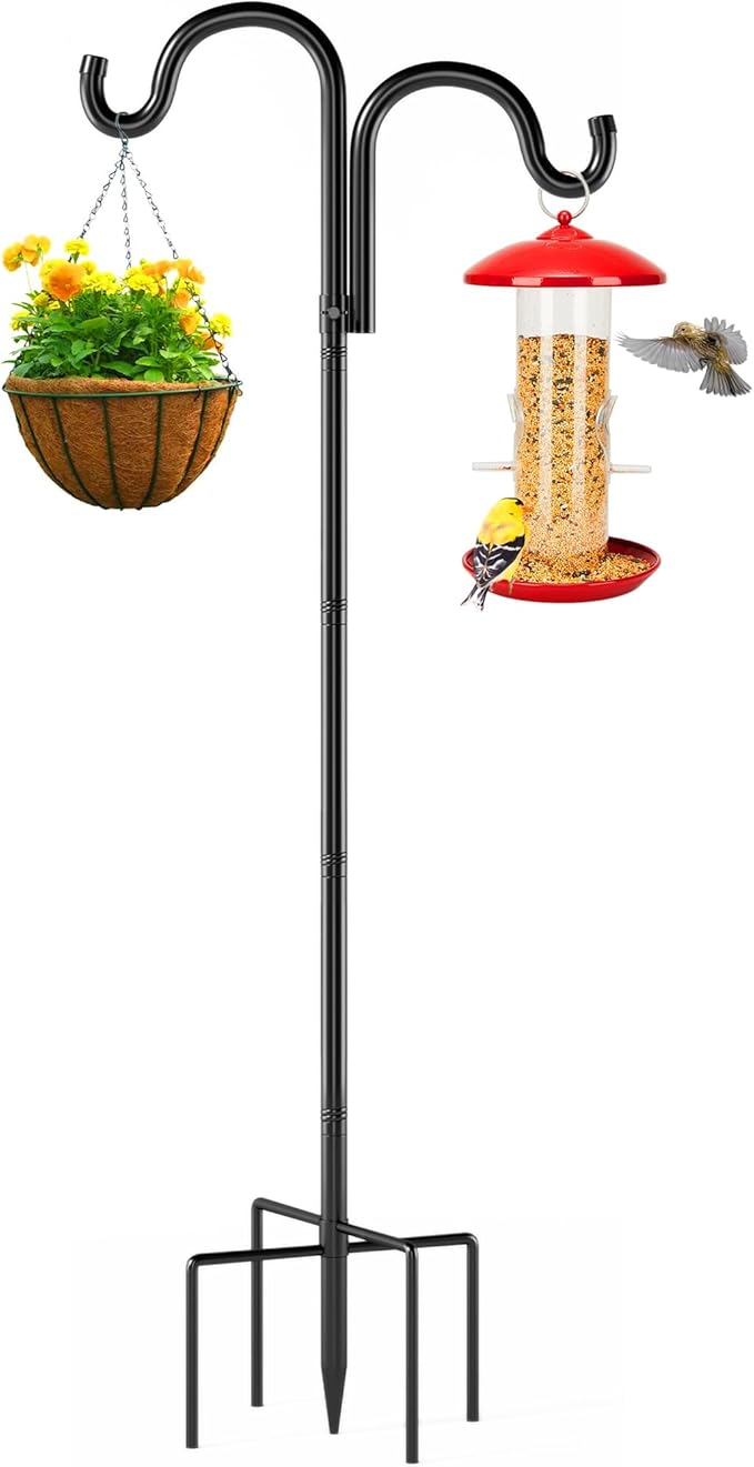 Double Shepherds Hooks for Outdoor, 60" Heavy Duty Bird Feeder Pole with 5 Prong Base, Adjustable Shepherds Hook for Bird feeders Outside, Garden, Weddings, Hanging Plants, 1 Pack, Black