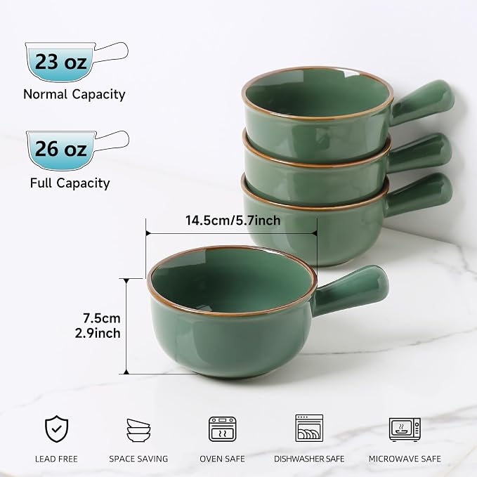 MONITO 26 Oz French Onion Soup Bowls, Ceramic Soup Bowls with Handles, Stackable Soup Crocks, Oven/Microwave/Dishwasher Safe, for Cereal, Soups, Casseroles, Forest Green