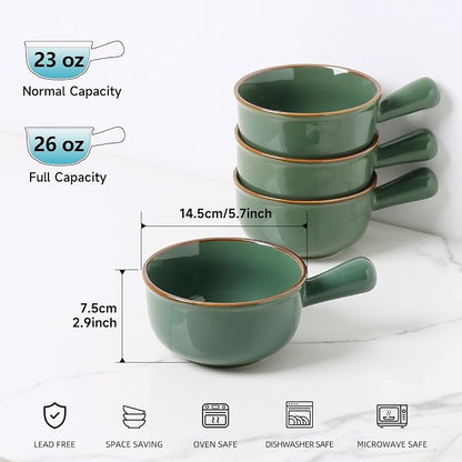 MONITO 26 Oz French Onion Soup Bowls, Ceramic Soup Bowls with Handles, Stackable Soup Crocks, Oven/Microwave/Dishwasher Safe, for Cereal, Soups, Casseroles, Forest Green