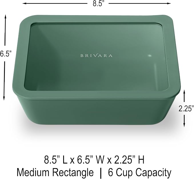 Glass Food Storage Container with Lid, 6-Cup Medium Rectangle | Microwave-Safe Airtight Lid, Oven-Safe Ceramic-Coated Glass | Zero Plastic, No PFAS/PFOA/BPA, Reusable [Pine]