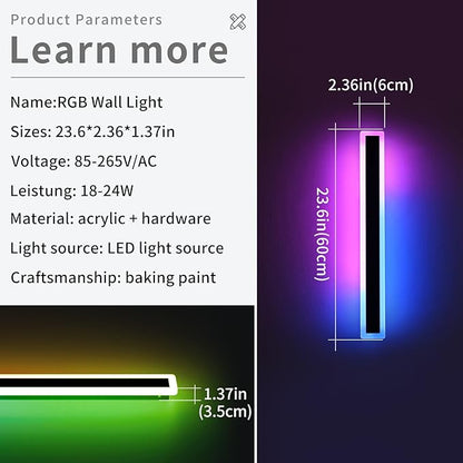 2 Pack Outdoor RGB Wall Sconce, 23.6inch Modern LED Light Fixture, IP65 Waterproof, 10 Colors, 5 Modes, Dimmable with Remote Control, Long Linear Wall Mount Lighting for Garden, Patio, Fence