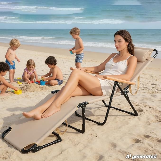 Folding Chaise Lounge Chair Outdoor, Folding Sun Lounger with 4-Position Reclining Back, Foldable Tanning Chair with Adjustable Headrest, Beach Lounge Chair for Poolside Backyard Camping (Beige)